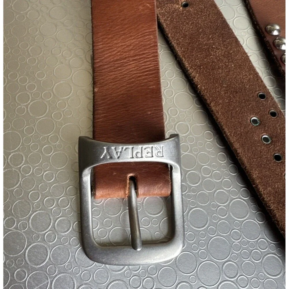 Replay Italian Leather Studded Belt Engraved Buckle Y2K Rocker - Size 100 US 38